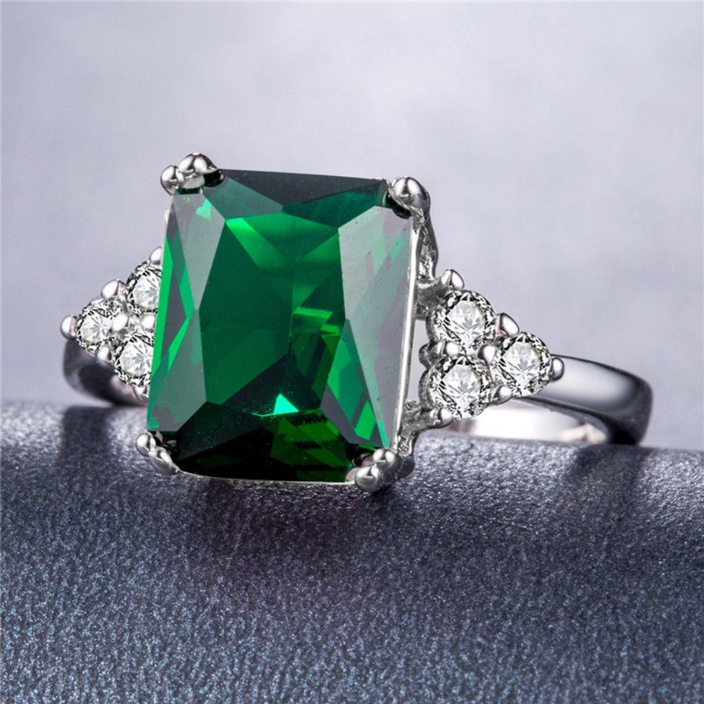 925 Silver Rings Princess Cut 2.0ct Emerald Ring - Picture 2 of 4